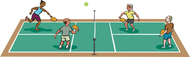 Four mature people play pickleball game